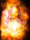 Goddess Woman in Cosmic space. Cosmic Space background. eye contact. Fire effect. Royalty Free Stock Photo