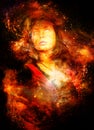 Goddess Woman in Cosmic space. Cosmic Space background. eye contact. Fire effect.