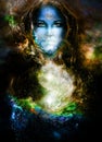 goddess woman and symbol Yin Yang in cosmic space. Royalty Free Stock Photo