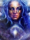 Goddess Woman with tattoo on face in space with light stars.