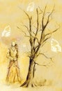 Goddess woman and tree with butterfly, color background original draw and computer collage. Royalty Free Stock Photo