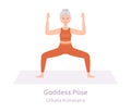 Goddess Yoga pose. Utkata Konasana. Elderly woman practicing yoga asana. Healthy lifestyle. Flat cartoon character