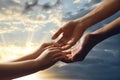 Godparent with child and beautiful sky with clouds at sunset on background, closeup