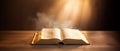 gods lights shining on a open bible. opened book laying on a wood table. Royalty Free Stock Photo