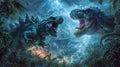 Godzilla facing off against a T Rex in a jungle ai generated
