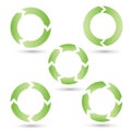 Going in circles. Illustration of a variety of green arrows going in a circle.