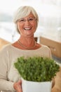 Going green. The gift that keeps on giving. Portrait of a happy senior woman holding a pot plant. Royalty Free Stock Photo