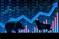 Going high stock market and bullish trend concept with digital bull silhouette on dark blue background with raising up arrows,