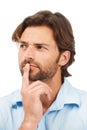 Going through the motions. a man posing in the studio against a white background.