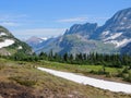 Going to the Sun Road, View of Landscape, snow fields In Glacier National Park around Logan Pass, Hidden Lake, Highline Trail, whi