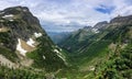 Going to the Sun Road, View of Landscape, snow fields In Glacier National Park around Logan Pass, Hidden Lake, Highline Trail, whi Royalty Free Stock Photo