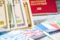 Going to travel. Passport, money, flags of Greece, UK, Italy, France on map. Save money on travel, planning for budget concept. Royalty Free Stock Photo