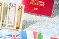 Going to travel. Passport, money, flags of Greece, UK, Italy, France on map. Save money on travel, planning for budget concept. Royalty Free Stock Photo