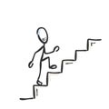 Going up the stairs. Successful proud and happy man. Ascend staircase. Hand drawn. Stickman cartoon. Doodle sketch, Vector graphic