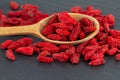 Goji berries close up dried red berry in wooden spoon on grey slate plate Royalty Free Stock Photo