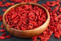 Goji berries in wooden cup. View from above, selective focus Royalty Free Stock Photo