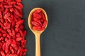 Goji berries. Spoon with organic berry over gray slate background Royalty Free Stock Photo