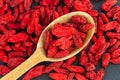 Goji berries in wooden spoon. Top view, flat lay Royalty Free Stock Photo