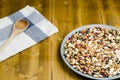 Goji berry dried, with spoon, closeup background