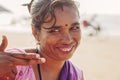 Indian woman jewelry seller portrait at Kudli beach resort in Gokarna city