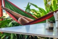 GOKARNA,KARNATAKA,INDIA-FEBUARY 8 2018:Young woman relaxes on a hammock,Gokarna beach