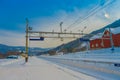 GOL, NORWAR, APRIL, 02, 2018: Gorgeous outdoor view of cable lines of railway used for train transportation in the city Royalty Free Stock Photo