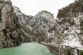 Gola del Furlo, a narrow gorge formed by the river Candigliano in the province of Pesaro-Urbino during the winter Marche, Italy Royalty Free Stock Photo