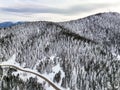 Golcuk - Bolu - Turkey, winter snow during snowfall. Travel concept drone photo. Highway, road in snowy tree landscape