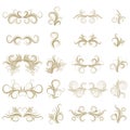 Gold abstract curly design element set on white background. Dividers. Swirls.