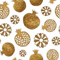 Gold abstract pomegranate and flowers pattern. Hand painted seamless background.