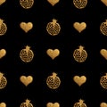 Gold abstract pomegranate pattern. Hand painted hearts seamless background.