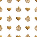 Gold abstract pomegranate pattern. Hand painted hearts seamless background.