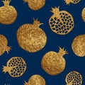 Gold abstract pomegranate pattern. Hand paintied seamless background. Summer fruit illustration.