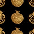 Gold abstract pomegranate pattern. Hand paintied seamless background. Summer fruit illustration.