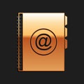 Gold Address book icon isolated on black background. Notebook, address, contact, directory, phone, telephone book icon