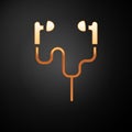 Gold Air headphones icon icon isolated on black background. Holder wireless in case earphones garniture electronic