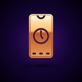 Gold Alarm clock app smartphone interface icon isolated on black background. Vector