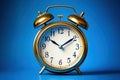 Gold alarm clock on a blue background Ai photo Royalty Free Stock Photo