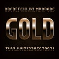 Gold alphabet font. Beveled metallic letters, numbers and symbols. Royalty Free Stock Photo