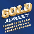 Gold alphabet font. 3D Golden serif letters and numbers with shadow.