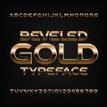 Gold alphabet font. Golden beveled glossy letters, numbers and symbols.