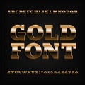 Gold alphabet font. Golden beveled serif letters and numbers.