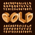 Gold alphabet font. Isometric golden letters and numbers.