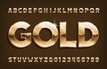 Gold alphabet font. Shining golden letters and numbers with shadow. Royalty Free Stock Photo