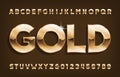 Gold alphabet font. Shining golden letters and numbers with shadow.