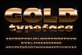 Gold alphabet typeface. Golden effect wide letters and numbers. Uppercase and lowercase. Royalty Free Stock Photo