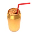 Gold aluminum beer or soda can with red straw isolated on white background