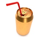 Gold aluminum beer or soda can with red straw isolated on white background