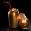 Gold aluminum beer or soda cans with red straw isolated on black background