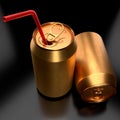 Gold aluminum beer or soda cans with red straw isolated on black background